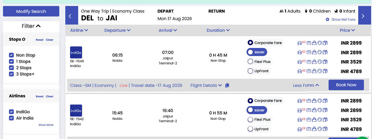 FareFix flight results